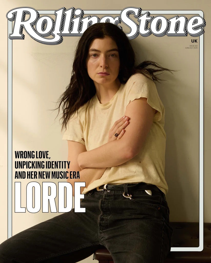 Rolling Stone UK cover portrait in a cream T-shirt, with full, natural brows by Maggie Moon